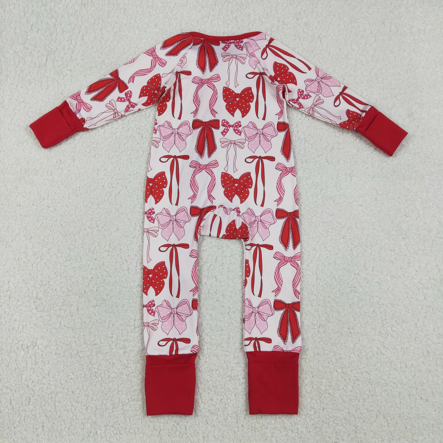 LR2780 Red Pink Bows Print Baby Girls Valentine's Day Sleeper Zipper Romper