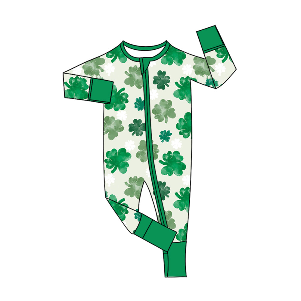 (Pre-order)SR3287 Leaf Green Print Baby Girls St. Patrick's Day Sleeper Zipper Romper