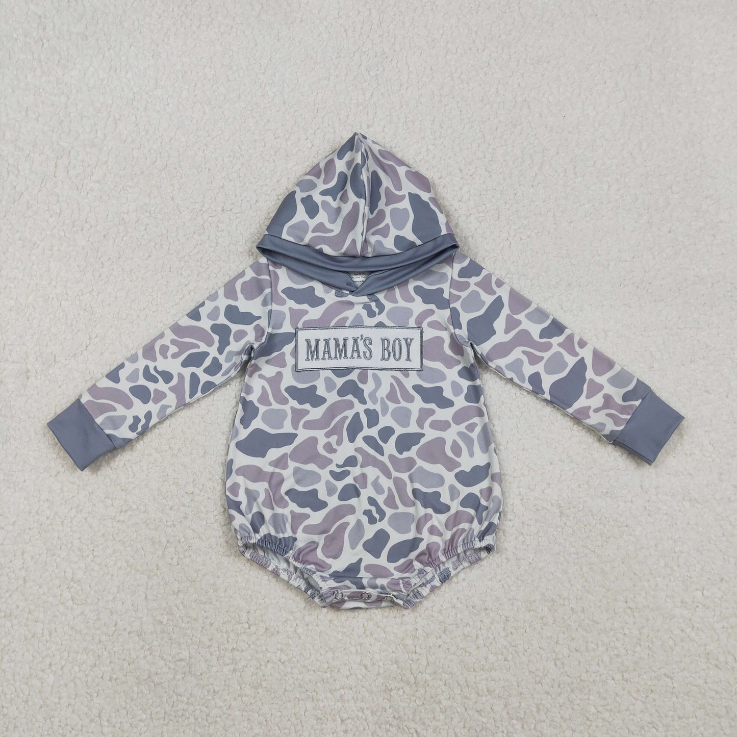 LR2794 MAMA'S BOY Embroidery Grey Camo Print Baby Boys Hoodie Romper