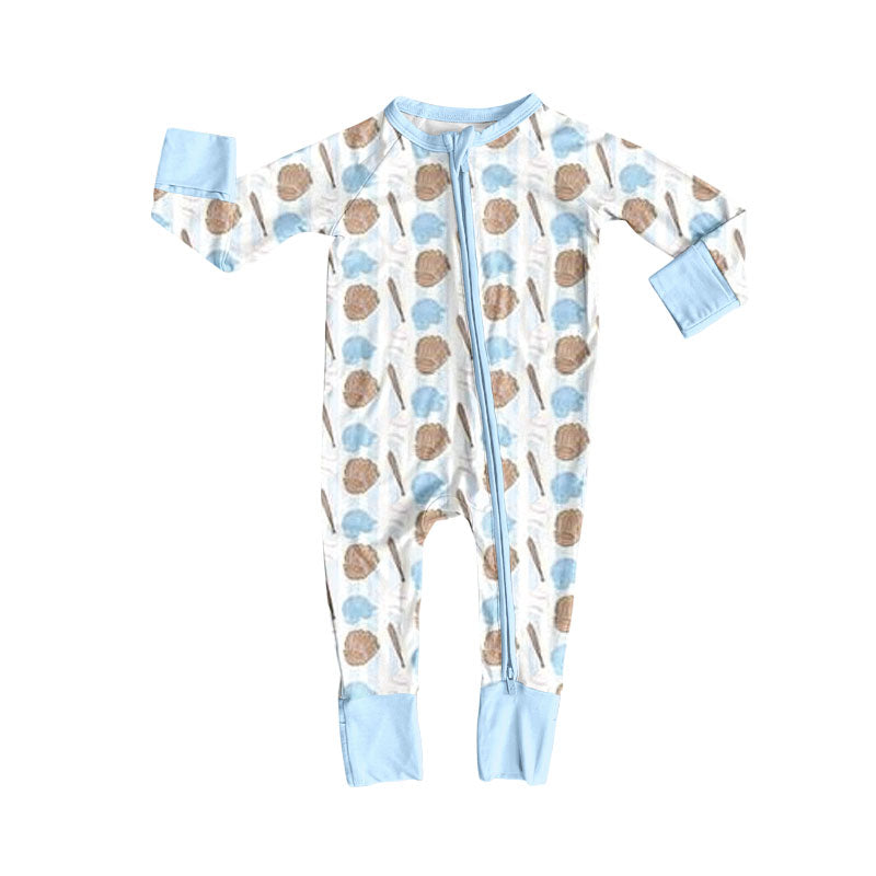 (Pre-order)LR2805 Baseball Blue Print Baby Boys Sleeper Zipper Romper