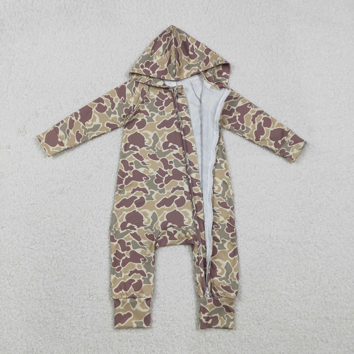 LR2812 Brown Camo Print Baby Boys Hoodie Zipper Romper
