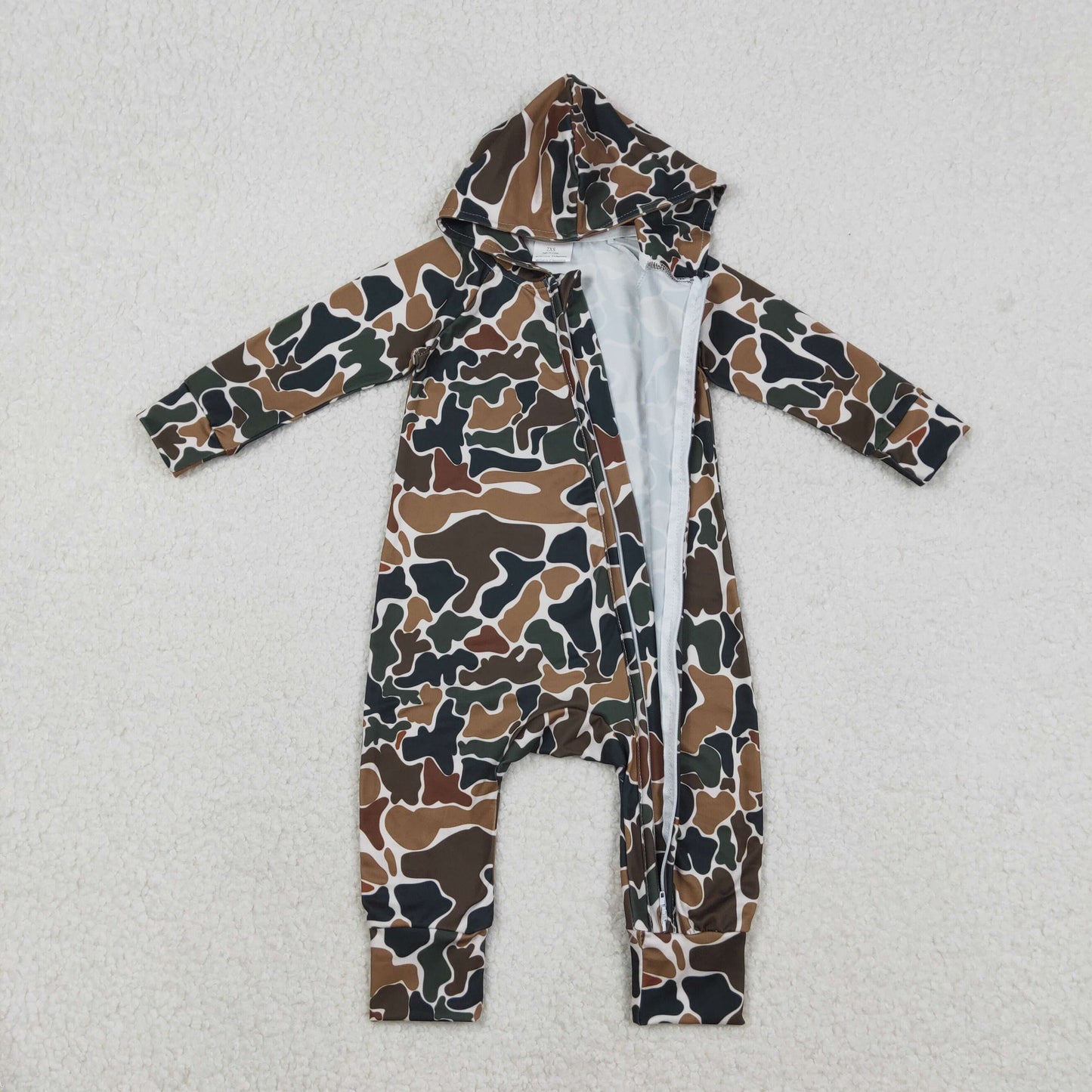 LR2815 Dark Brown Camo Print Baby Boys Hoodie Zipper Romper