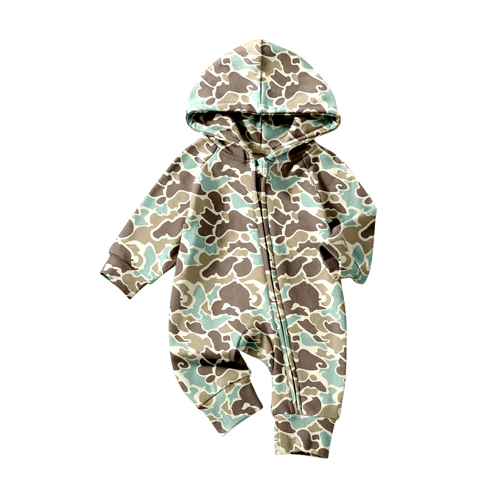 (Pre-order)LR2823 Green Brown Camo Print Baby Boys Hoodie Zipper Romper