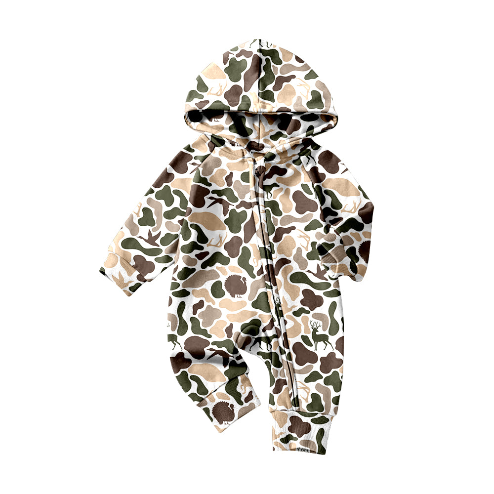 (Pre-order)LR2825 Duck Dog Brown Camo Print Baby Boys Hoodie Zipper Romper
