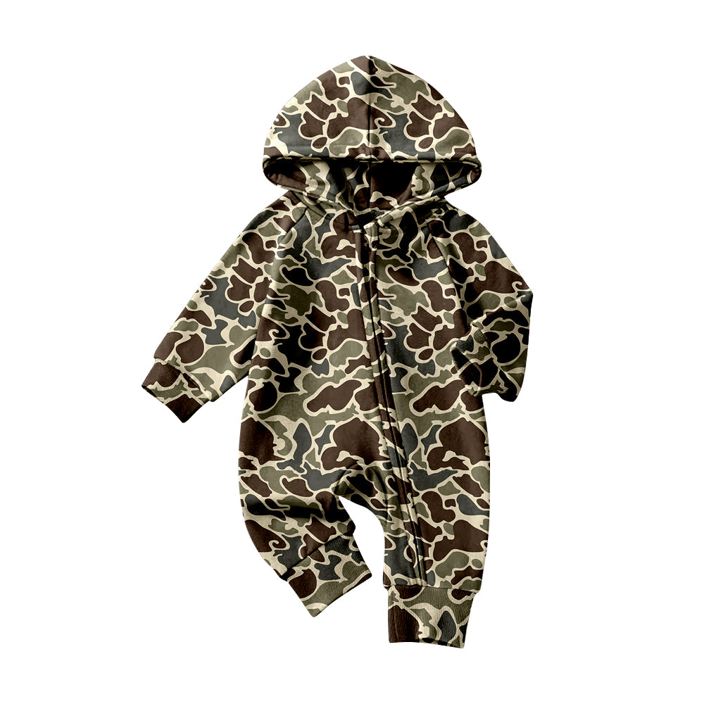 (Pre-order)LR2826 Dark Brown Camo Print Baby Boys Hoodie Zipper Romper