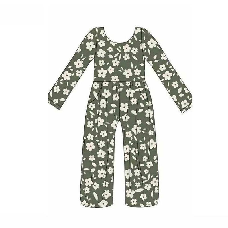 (Pre-order)LR2828 Dark Green Flowers Print Girls Pockets Jumpsuits