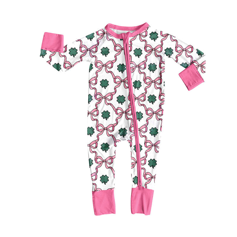 (Pre-order)LR2829 Leaf Bows Print Baby Girls St. Patrick's Day Sleeper Zipper Romper