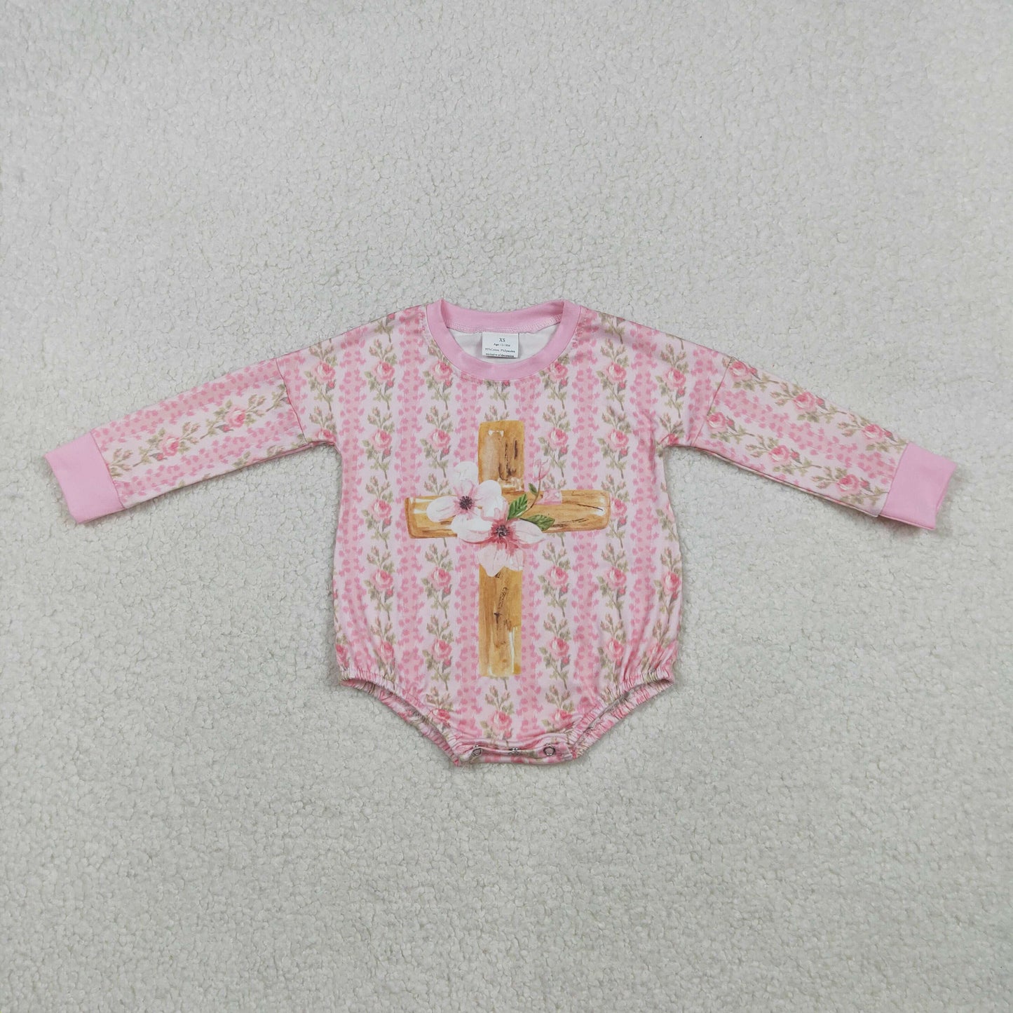 LR2837 Cross Pink Flowers Print Baby Girls Easter Romper