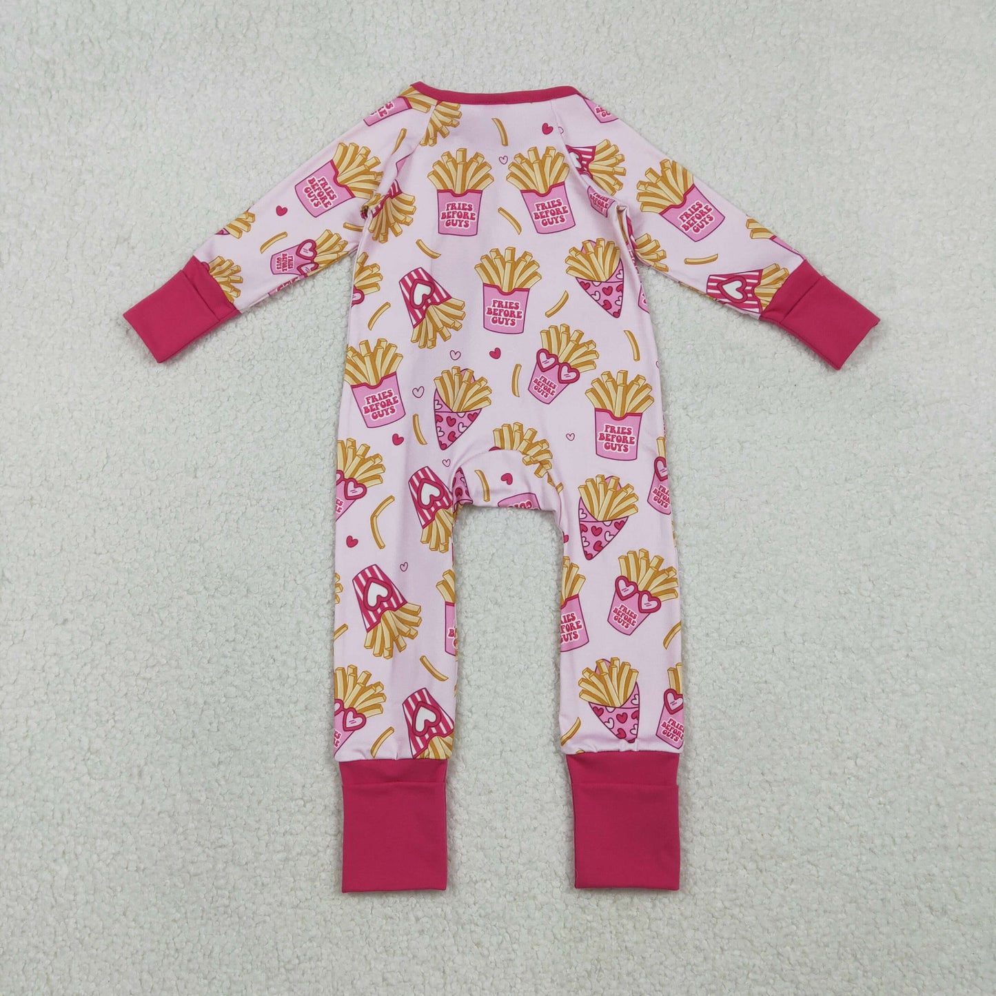 LR2843 Fries Heart Print Baby Girls Valentine's Day Sleeper Zipper Romper