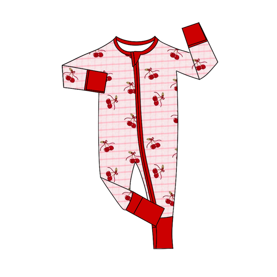 (Pre-order)LR2844 Cherry Plaid Print Baby Girls Sleeper Zipper Romper