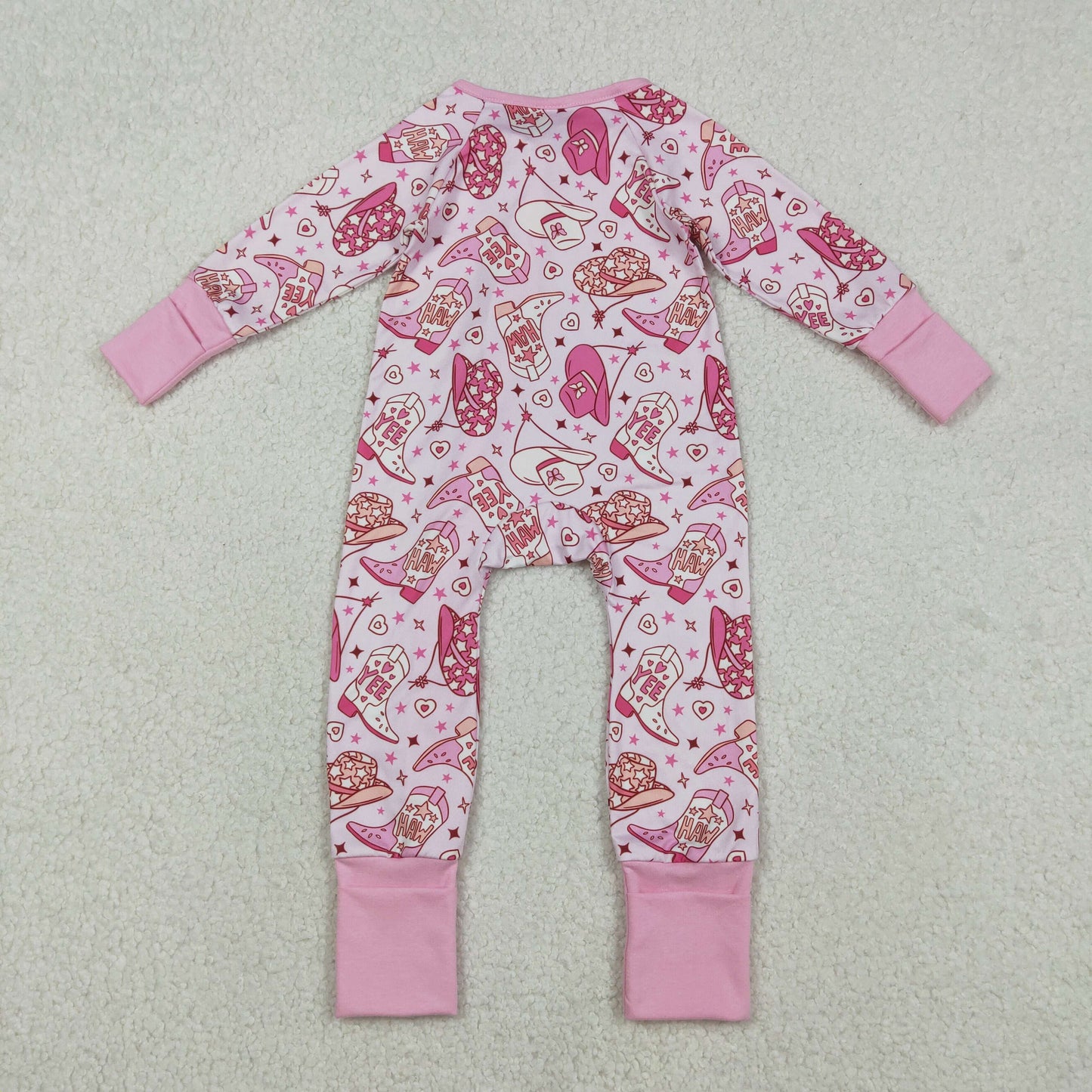 LR2855 Hat Boots Hearts Pink Print Baby Girls Valentine's Day Zipper Sleeper Romper