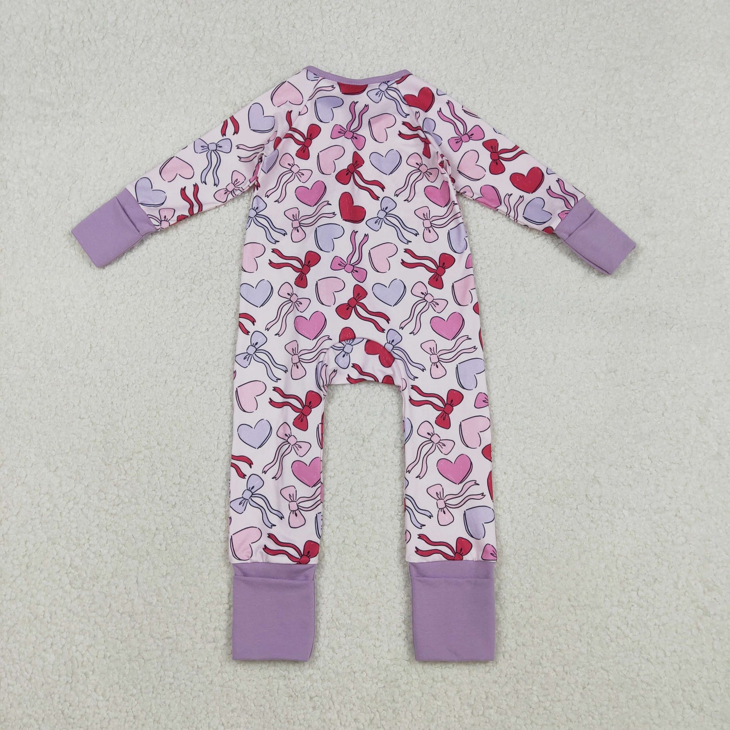 LR2883 Hearts Bows Purple Print Baby Girls Valentine's Day Zipper Sleeper Romper