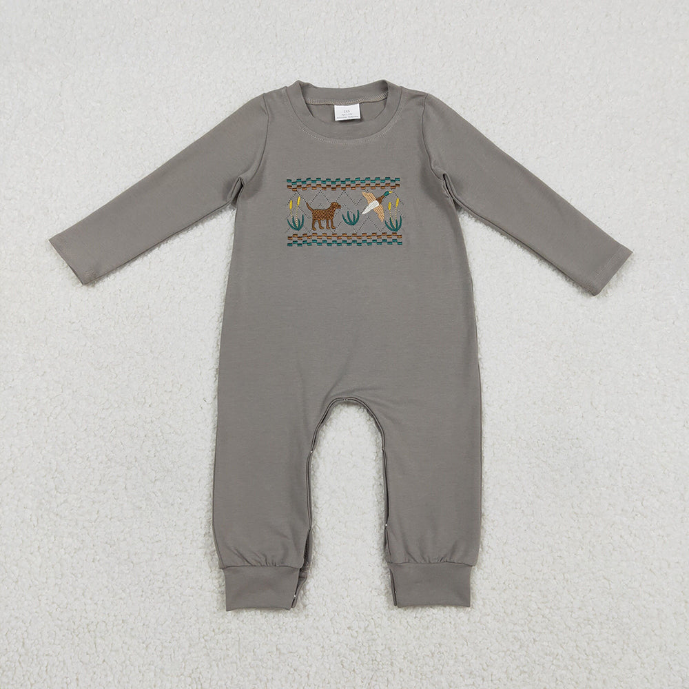 LR2909 Duck Dog Embroidery Grey Baby Boys Hunting Romper