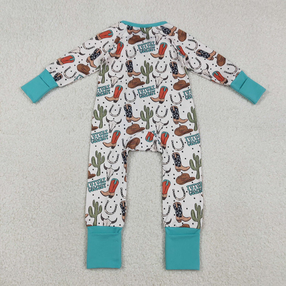 LR2944 Cowboy Boots Hat Cactus Print Baby Boys Western Zipper Sleeper Romper