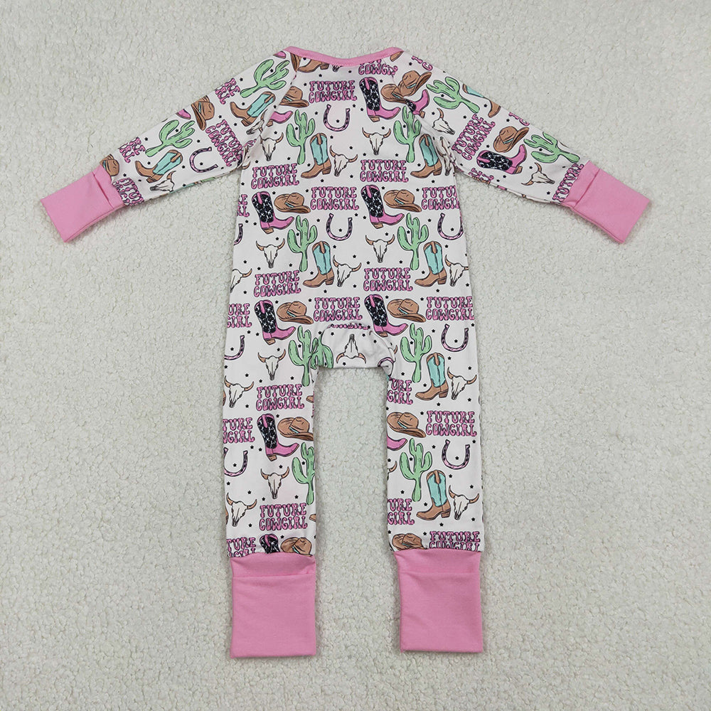 LR2945 Cowgirl Boots Hat Cactus Print Baby Girls Western Zipper Sleeper Romper