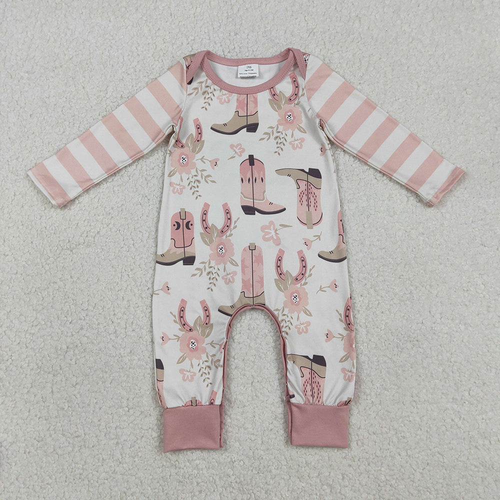 LR2976 Boots Flowers Pink Print Baby Girls Western Romper