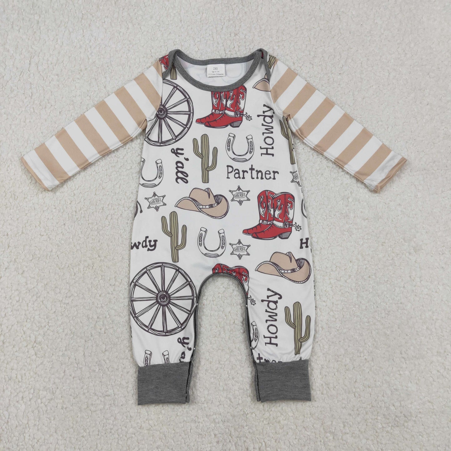 LR2977 Howdy Boots Hat Cactus Print Baby Boys Western Romper