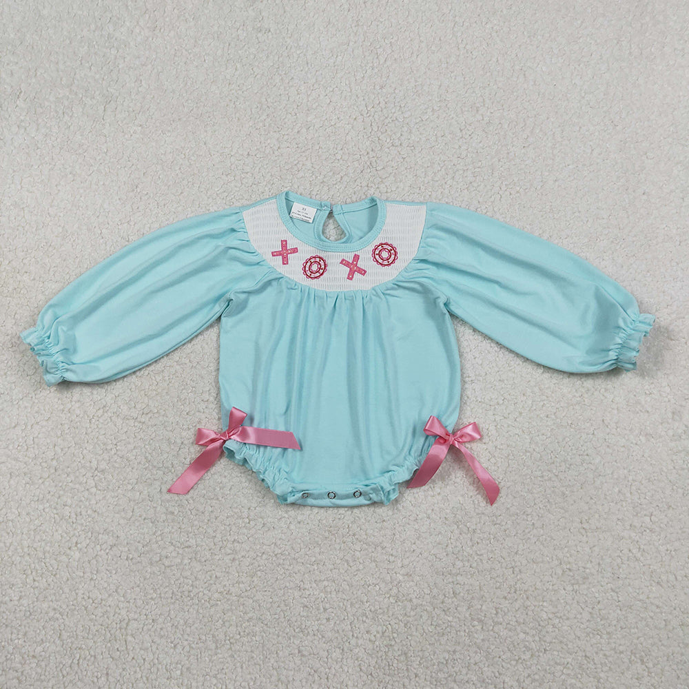 LR2982 XOXO Embroidery Blue Baby Girls Valentine's Day Smocked Romper
