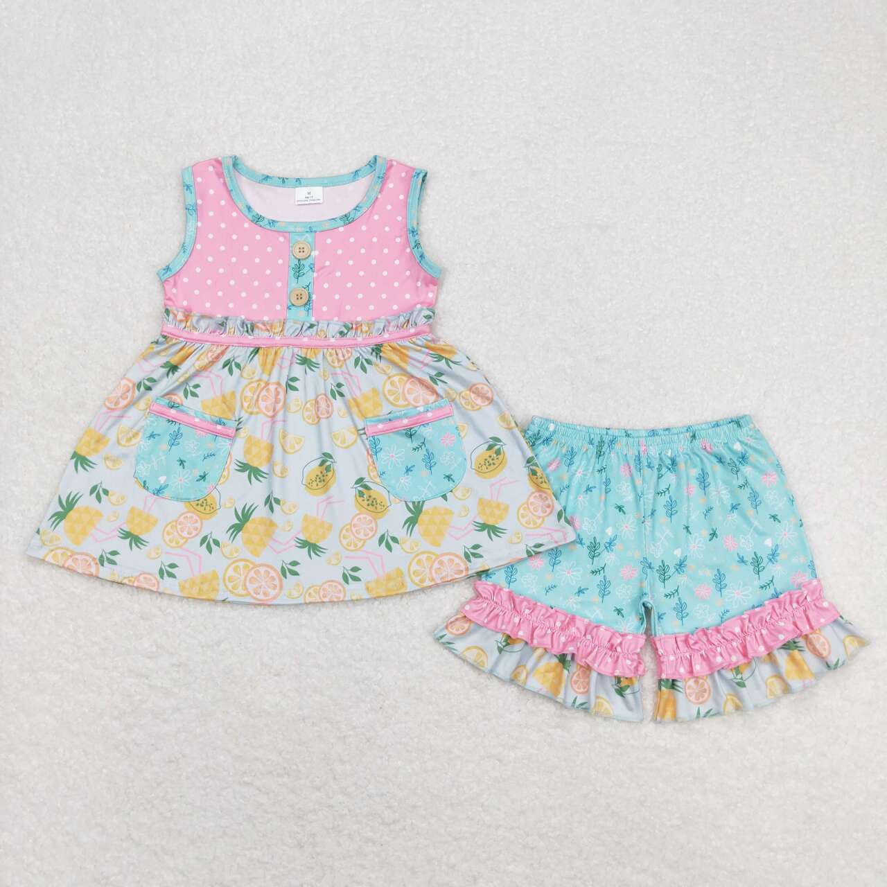 GSSO0783 Lemon Tunic Pockets Top Ruffles Shorts Girls Summer Clothes Set