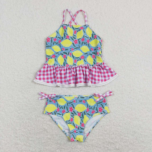 S0219 Lemon Flowers Print Girls 2 Pieces Swimsuits