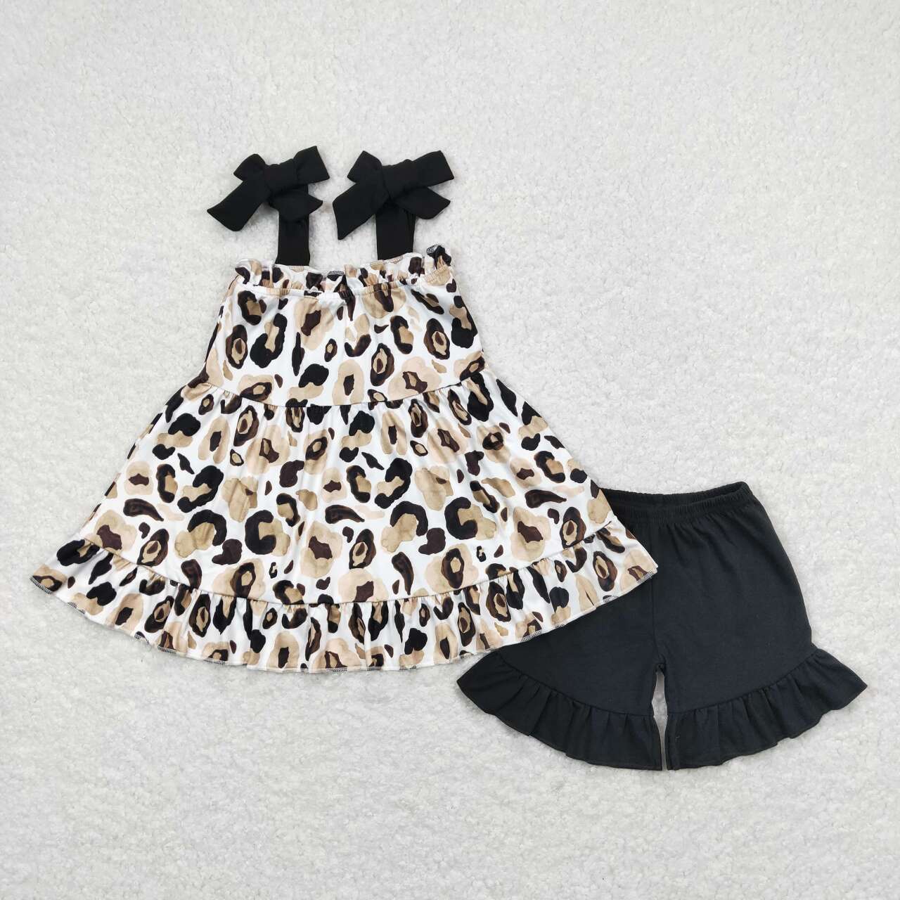 GSSO0738 Leopard Strap Tunic Top Black Shorts Girls Summer Clothes Set
