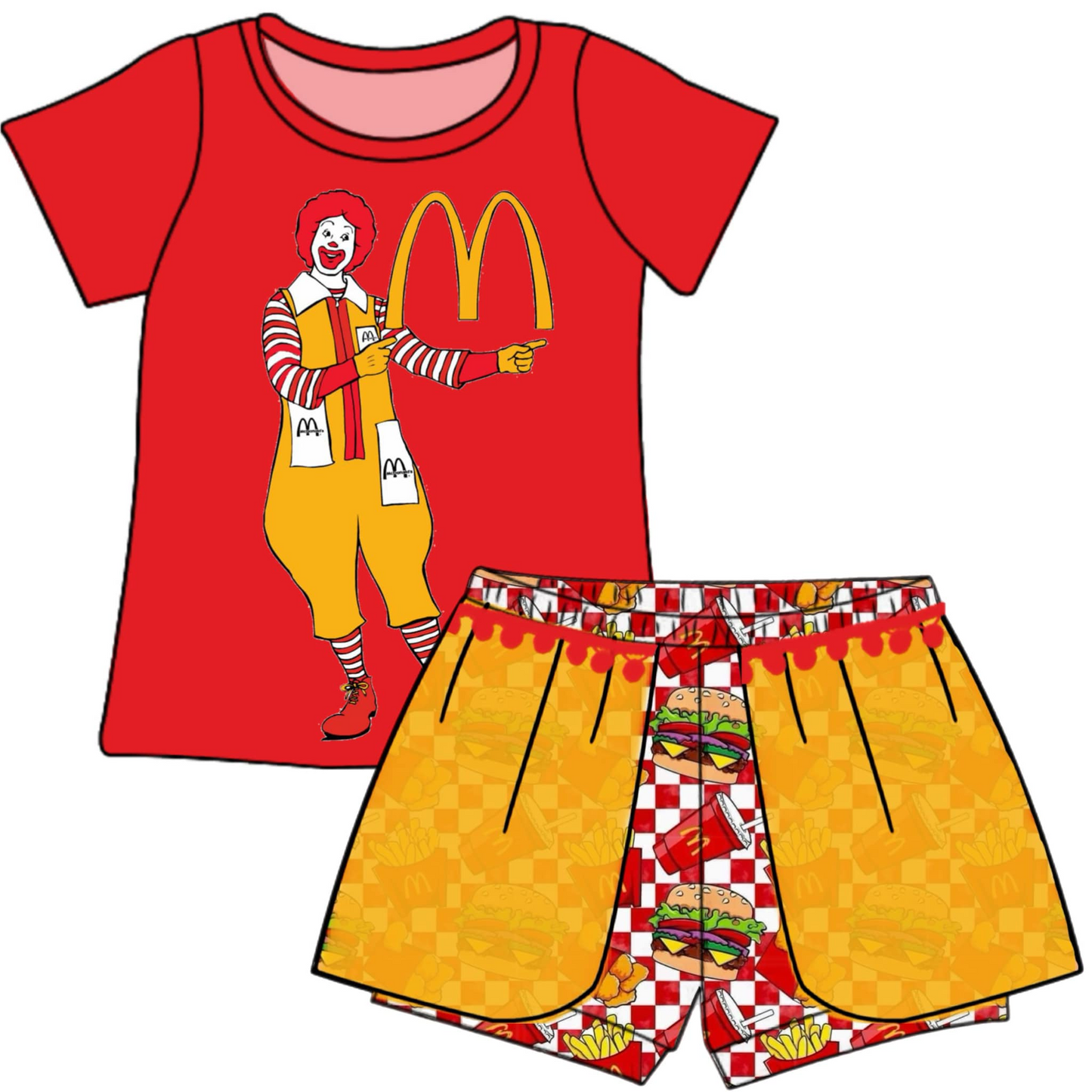 (Custom Design Preorder MOQ 5) Hamburger M Print Girls Summer Clothes Set