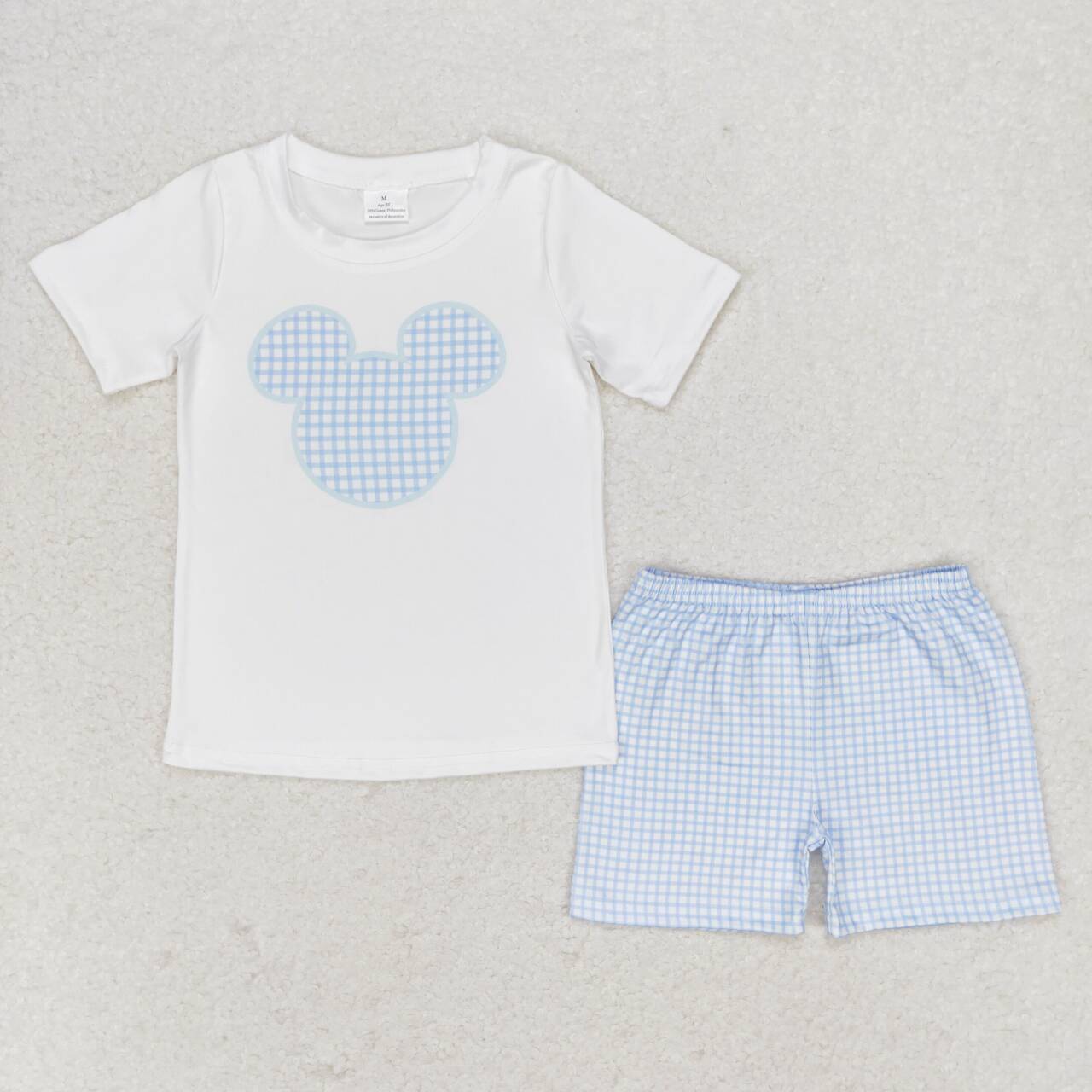 BSSO0860 White Cartoon Mouse Top Plaid Pants Boys Summer Clothes Set