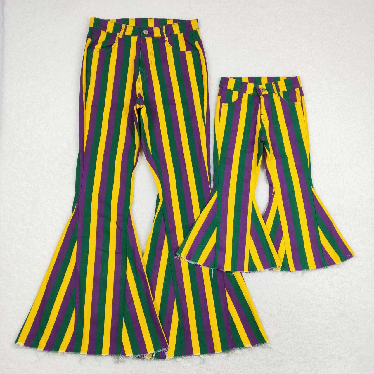 Mommy and Me Matching Jeans- Purple yellow green stripes Denim Bell Bottom Mardi Gras Pants