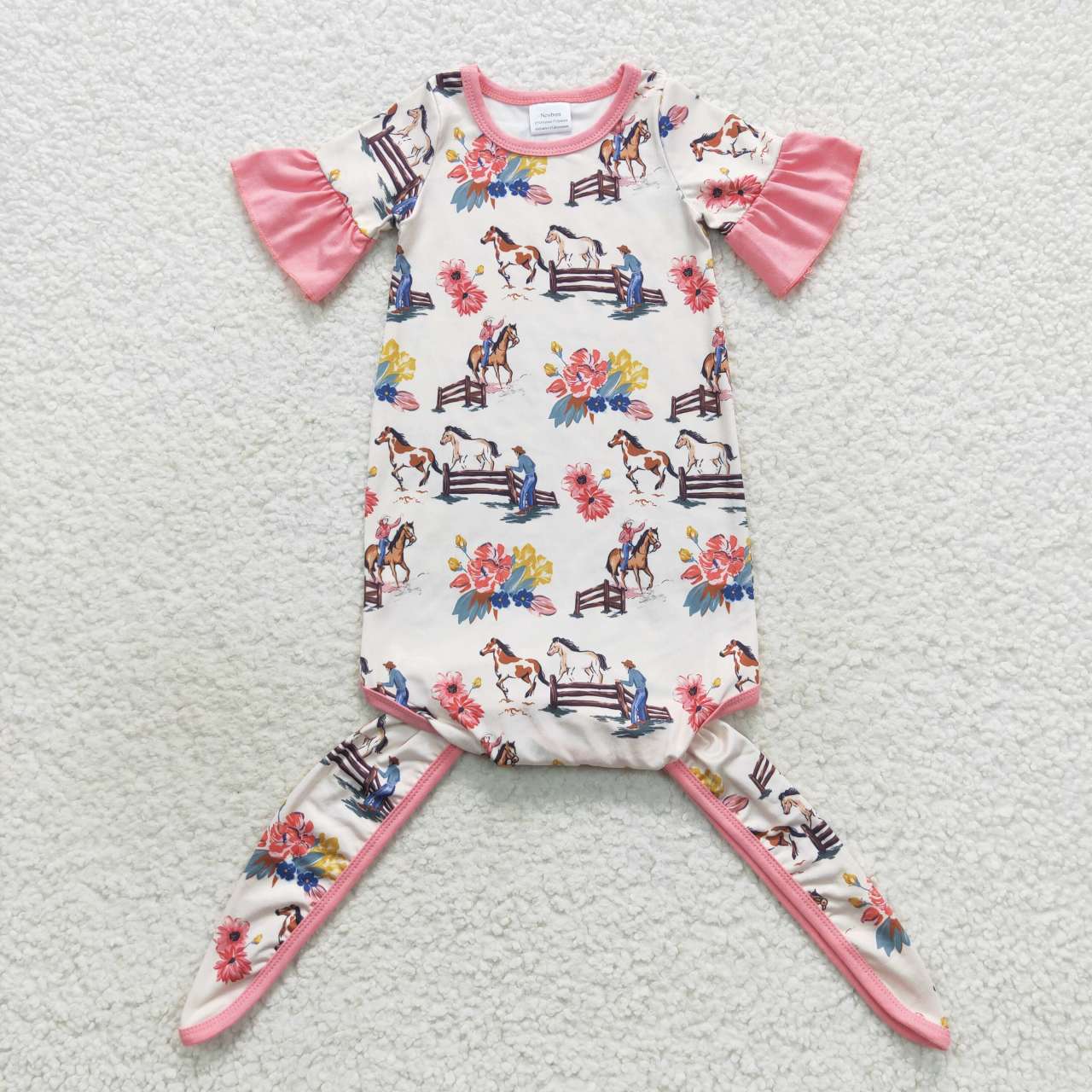 NB0021 Pink horse flowers print baby girls gown newborn clothes