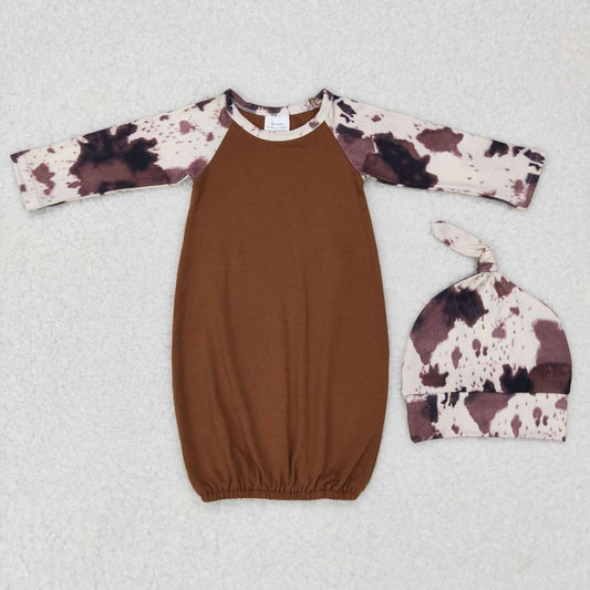 NB0023 Brown cow print baby gown newborn clothes with hat