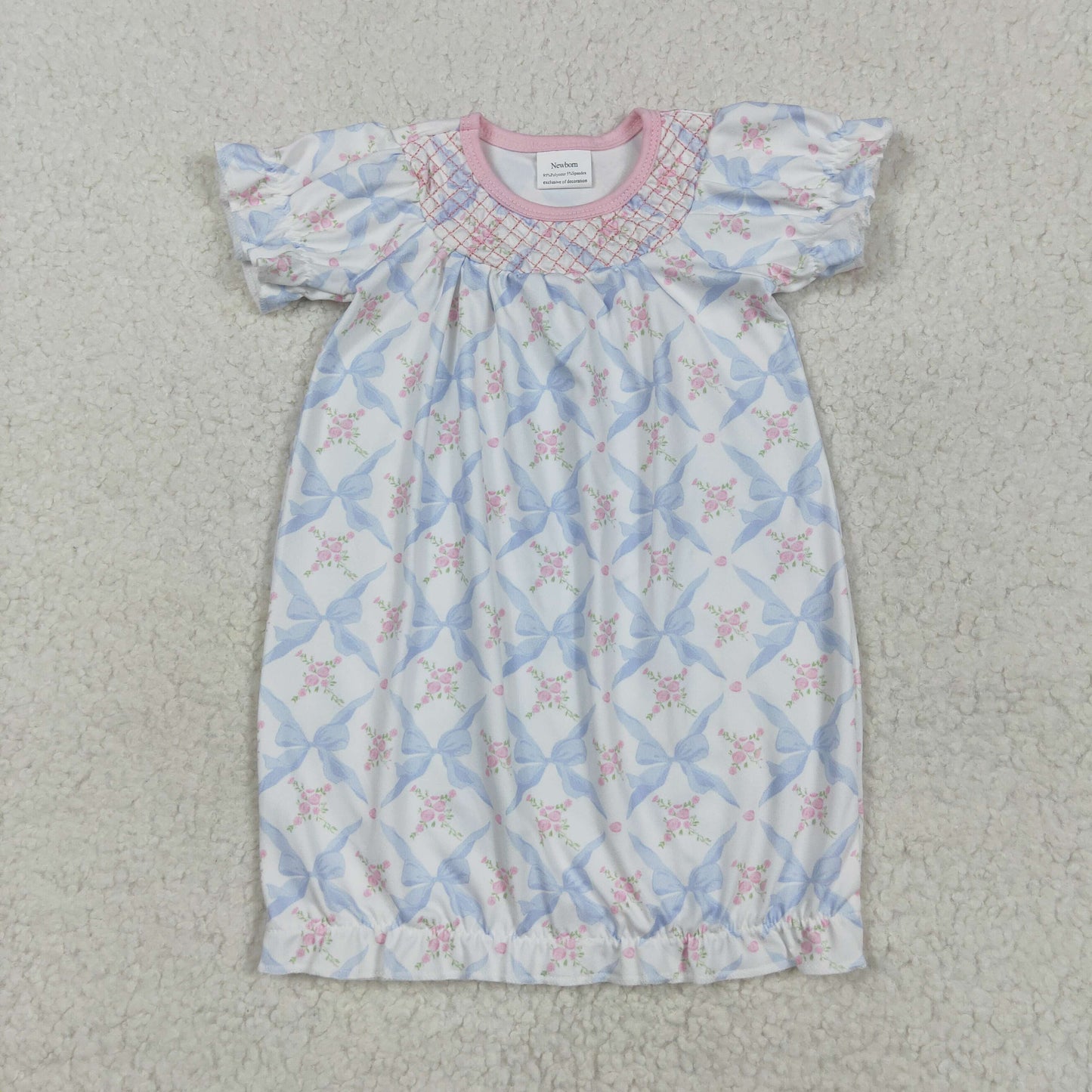 NB0045 Embroidery Flowers Bows Print Baby Girls Gown Newborn Clothes