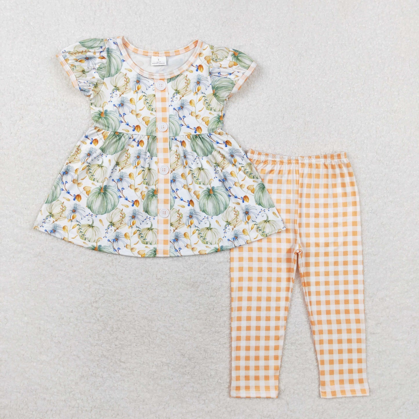 GSPO1554 Pumpkin Tunic Top Plaid Legging Pants Girls Fall Clothes Set