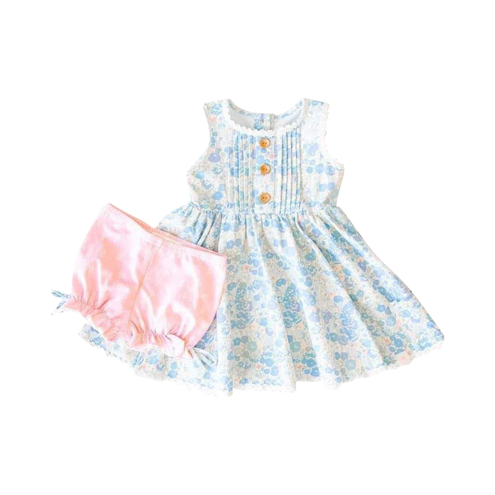 NO.6 (Custom Design Preorder MOQ 5) Blue Flowers Tunic Top Pink Shorts Girls Summer Clothes Set