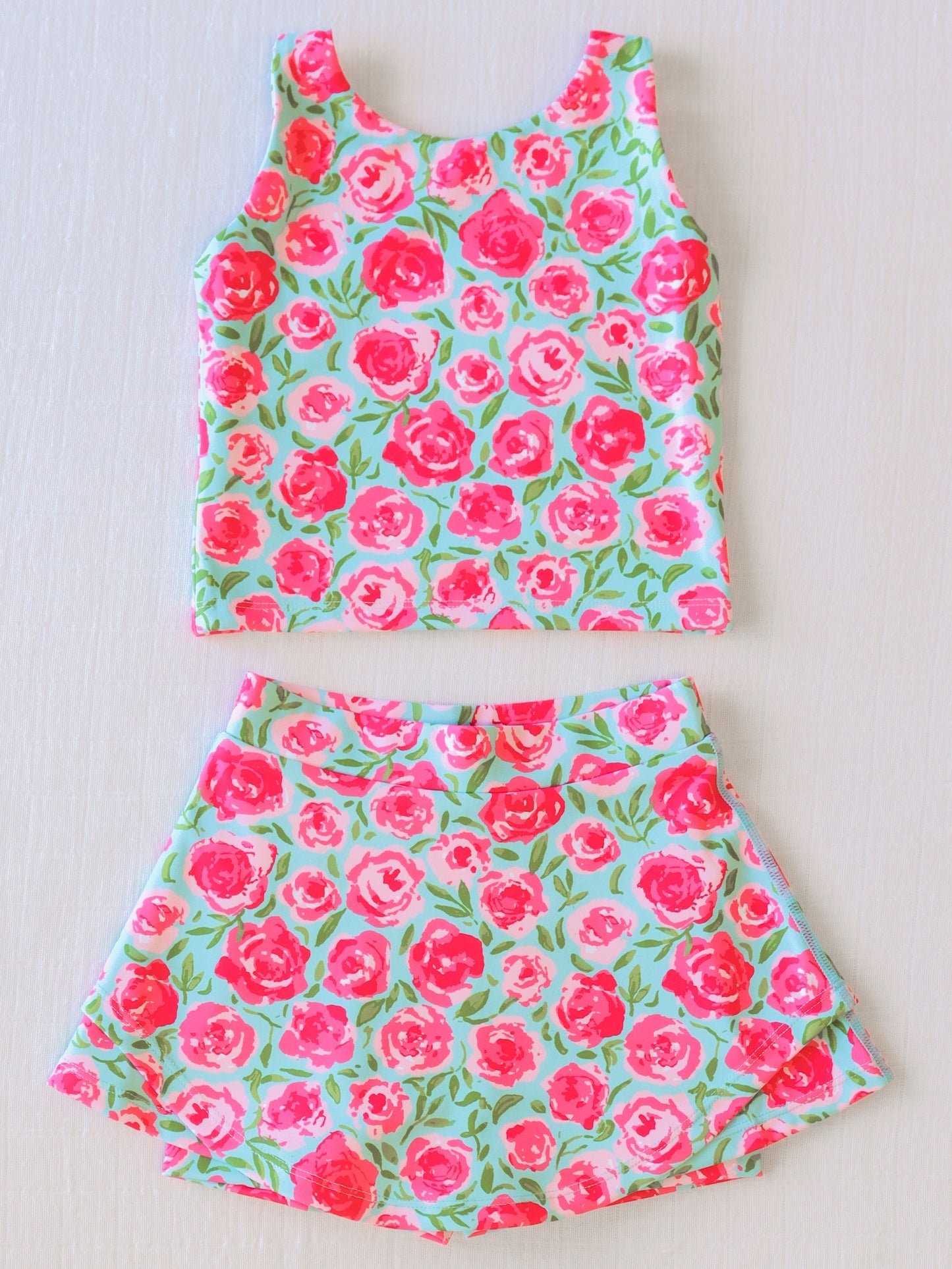 NO.10 (Custom Design Preorder MOQ 5) Pink Flowers Print Girls 2 Pieces Sports Swimsuits