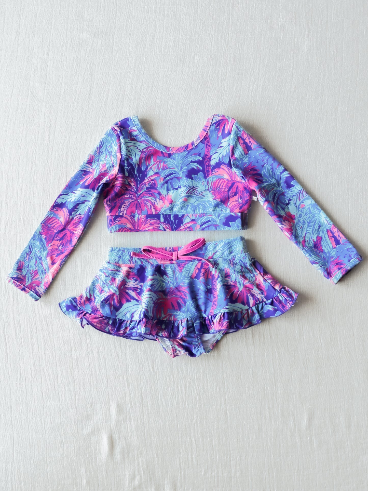NO.11 (Custom Design Preorder MOQ 5) Purple Coconut Tree Print Girls 2 Pieces Long Sleeve Swimsuits