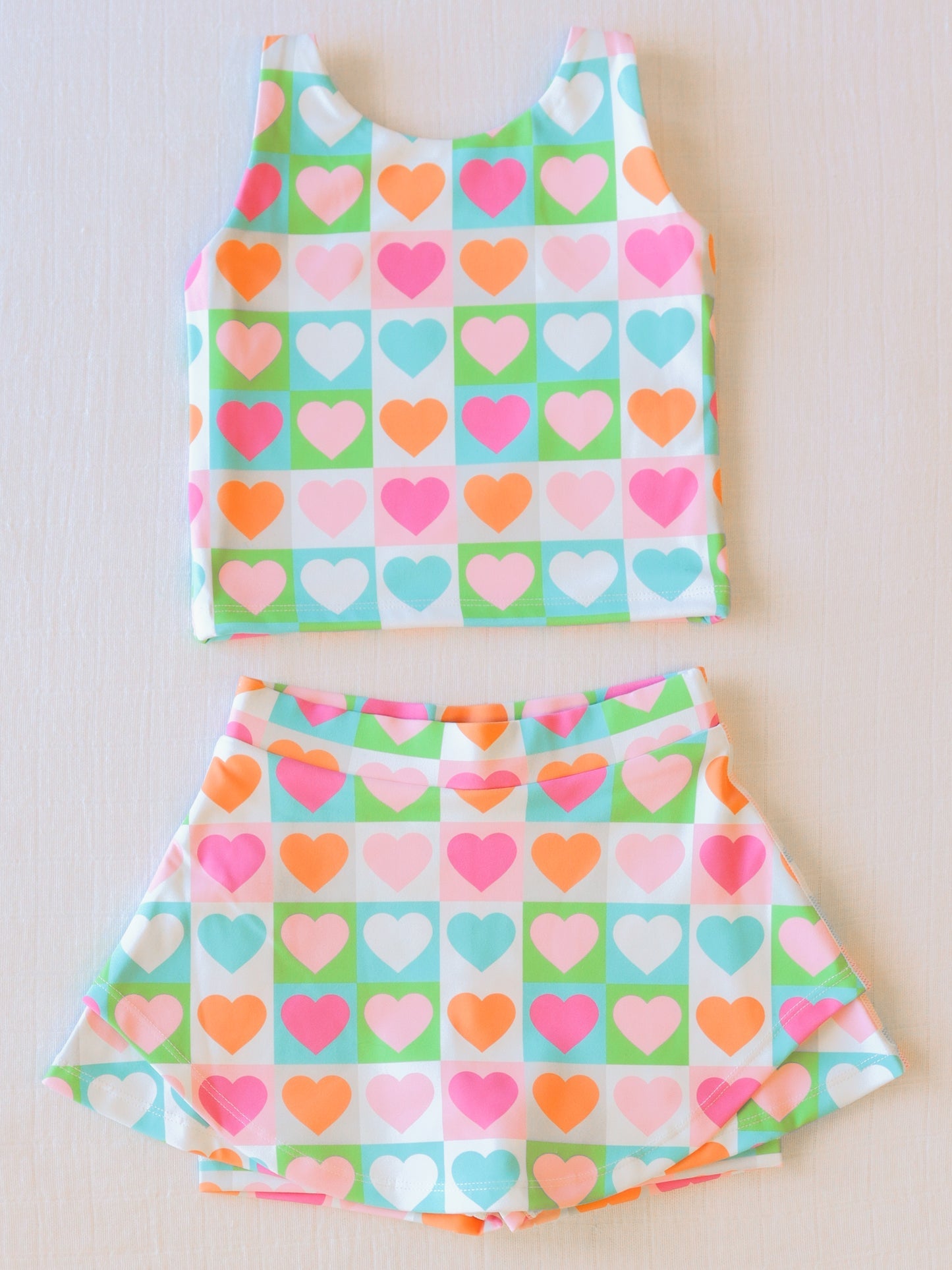 NO.18 (Custom Design Preorder MOQ 5) Colorful Hearts Plaid Print Girls 2 Pieces Sports Swimsuits