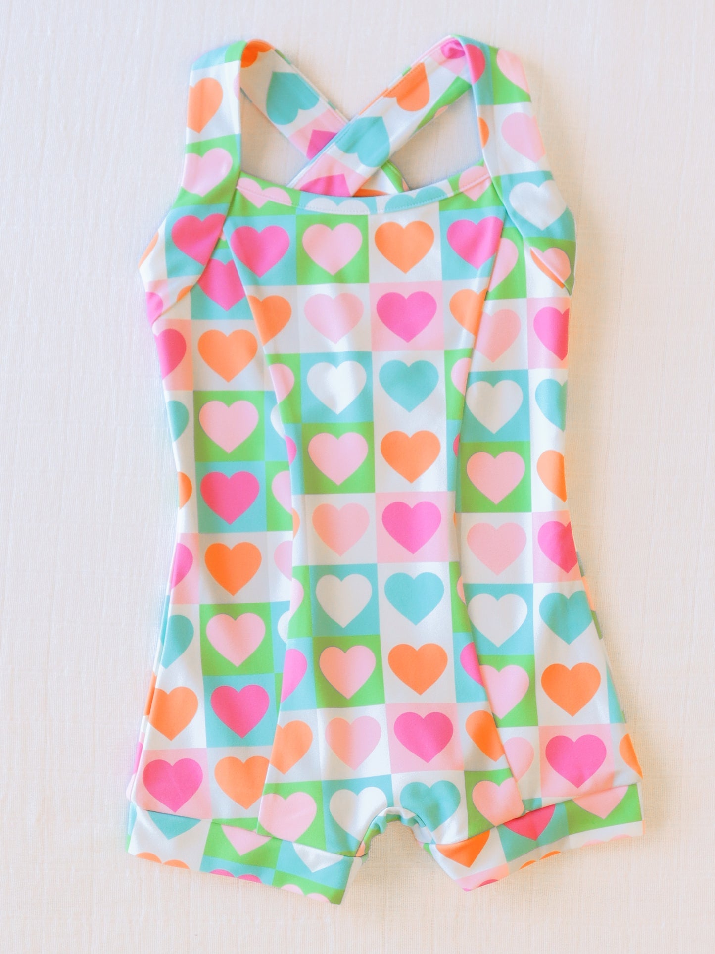 NO.22 (Custom Design Preorder MOQ 5) Colorful Hearts Plaid Print Girls 1 Piece Swimsuits
