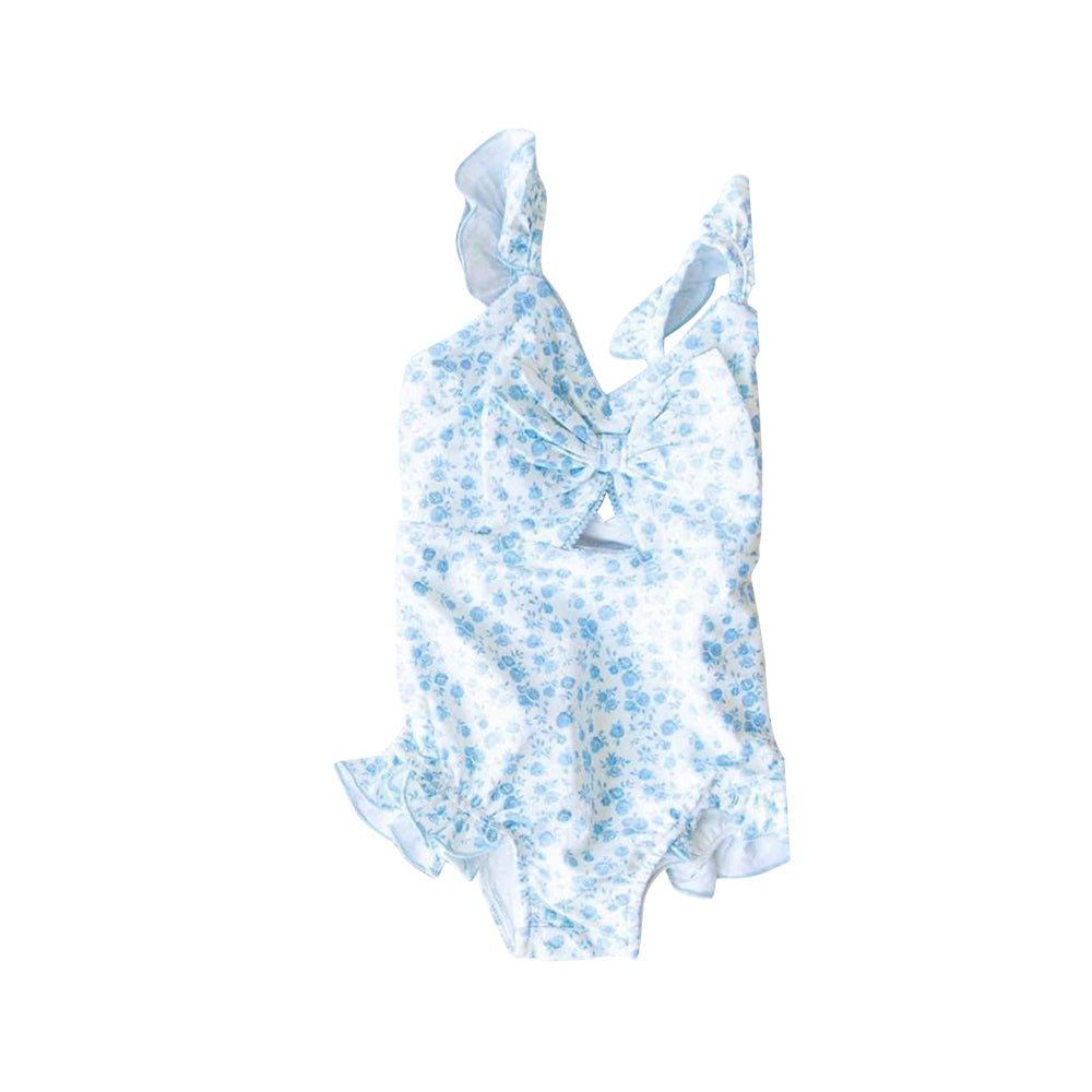 NO.32 (Custom Design Preorder MOQ 5) Blue Flowers Print Girls 1 Piece Swimsuits