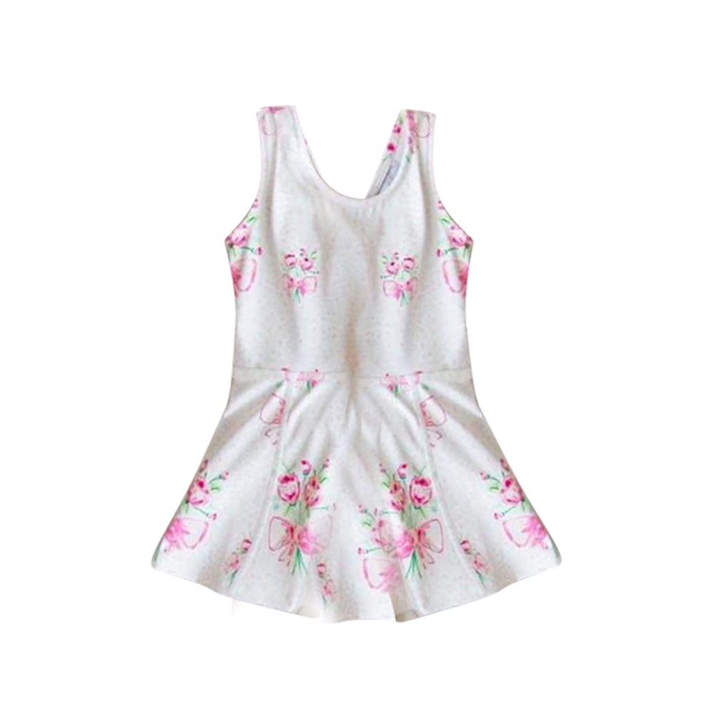 NO.33 (Custom Design Preorder MOQ 5) White Pink Flowers Print Girls 1 Piece Swimsuits