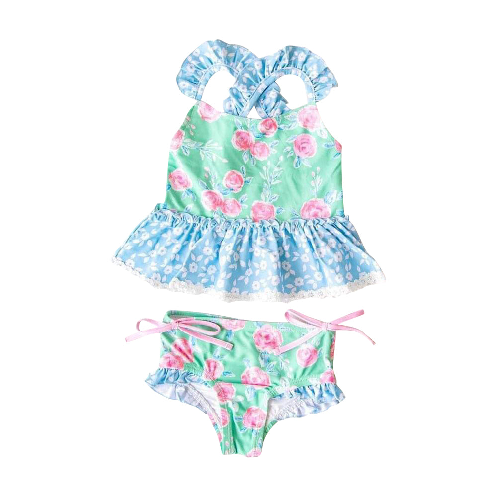 NO.36 (Custom Design Preorder MOQ 5) Flowers Print Girls 2 Pieces Swimsuits