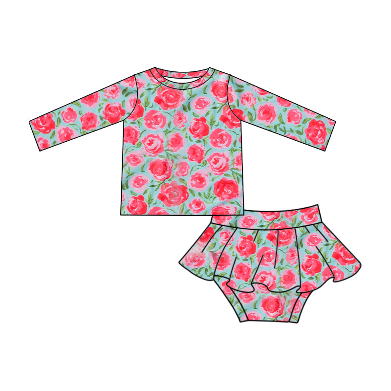 NO.39 (Custom Design Preorder MOQ 5) Flowers Print Girls 2 Pieces Long Sleeve Swimsuits
