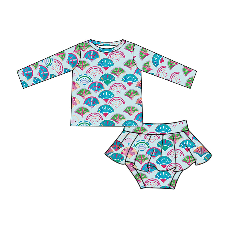 NO.40 (Custom Design Preorder MOQ 5) Mermaid Scale Print Girls 2 Pieces Long Sleeve Swimsuits