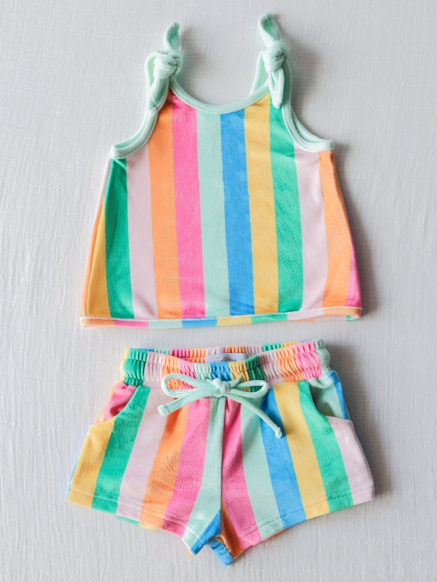 NO.4 (Custom Design Preorder MOQ 5) Colorful Stripes Print Girls Summer Clothes Set