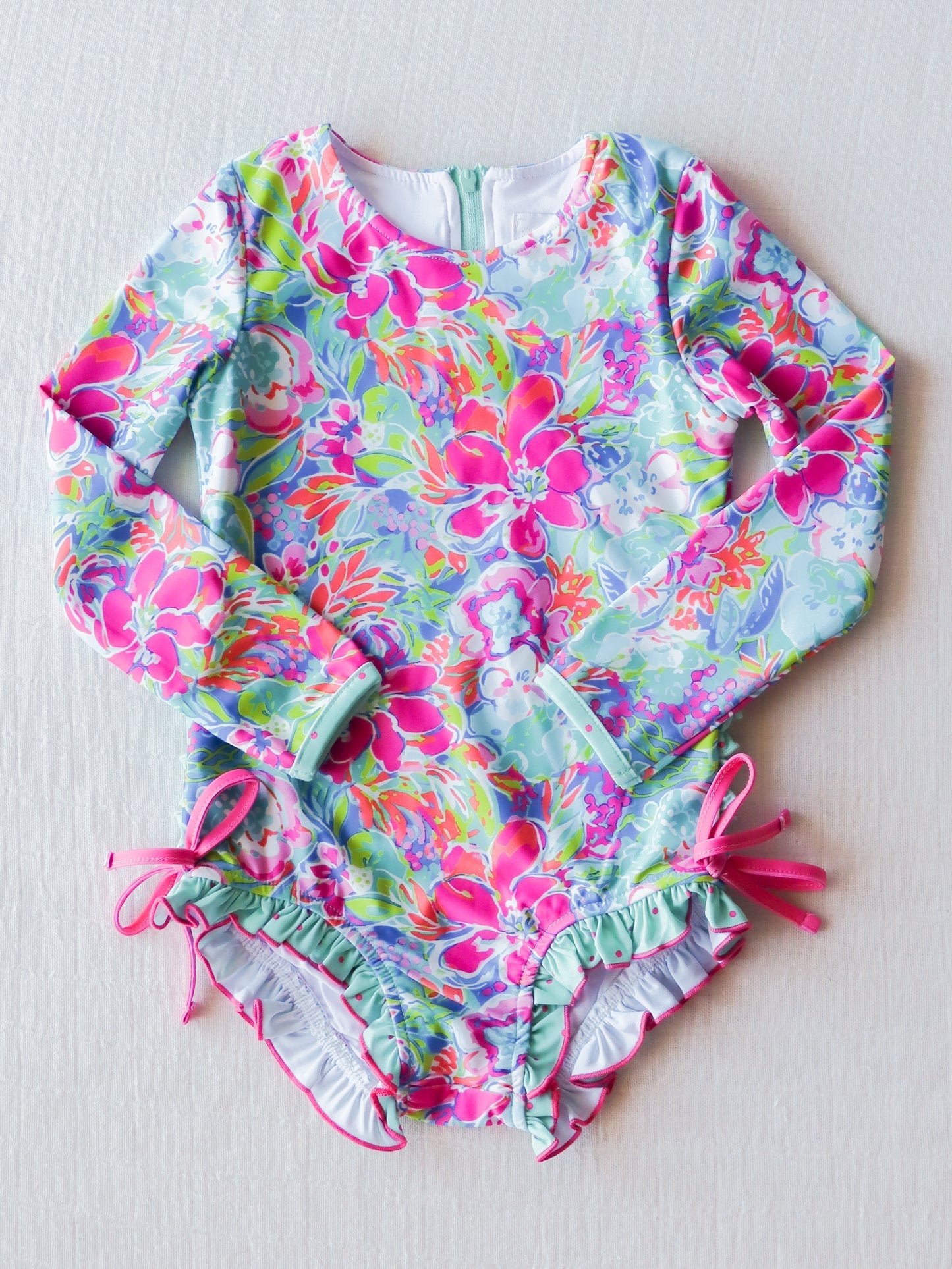 NO.5 (Custom Design Preorder MOQ 5) Colorful Flowers Print Girls 1 Piece Long Sleeve Swimsuits