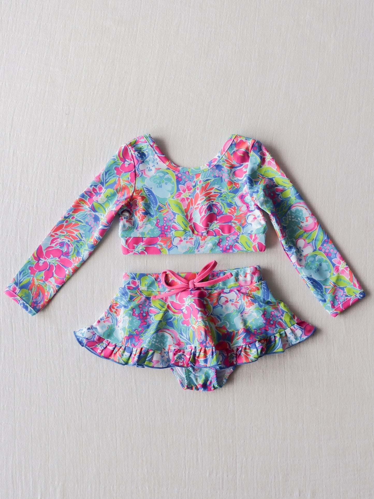 NO.9 (Custom Design Preorder MOQ 5) Colorful Flowers Print Girls 2 Pieces Long Sleeve Swimsuits