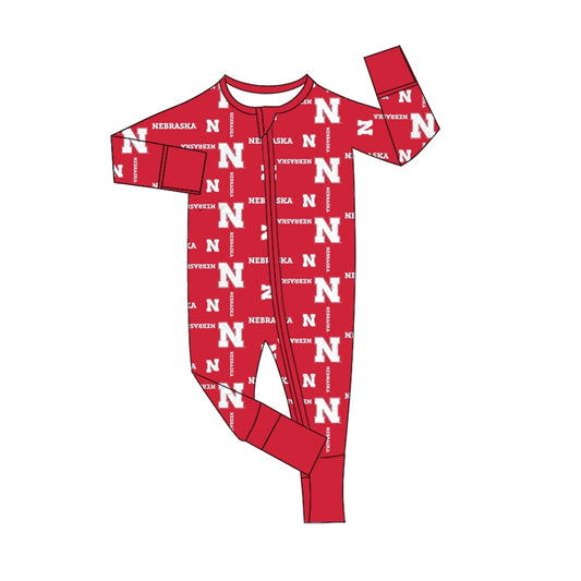 (Custom Design Preorder MOQ 5) Team's Nebraska Cornhuskers Print Baby Boys Fall Sleeper Zipper Romper