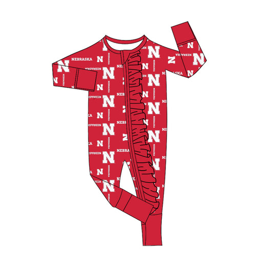 (Custom Design Preorder MOQ 5) Team's Nebraska Cornhuskers Print Baby Girls Fall Sleeper Zipper Romper