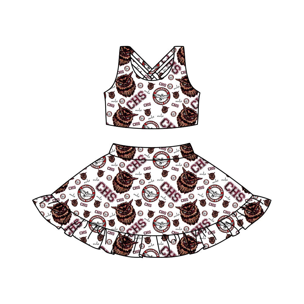 (Custom Design Preorder MOQ 5) Team's CHALMETTE OWLS Print Girls Summer Skirts Clothes Set