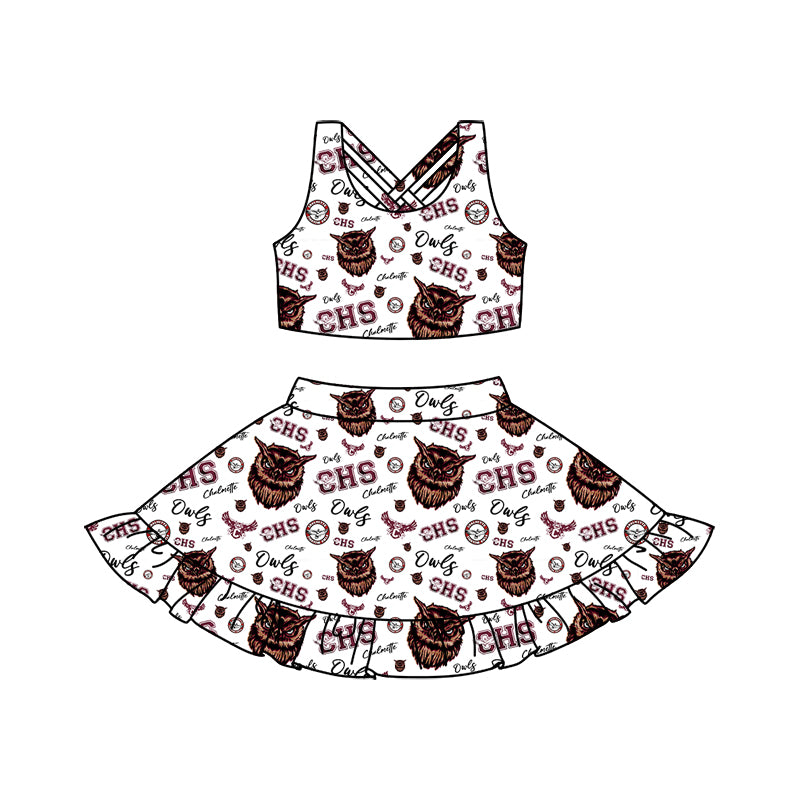 (Custom Design Preorder MOQ 5) Team's Chalmette OWLS Print Girls Summer Skirts Clothes Set
