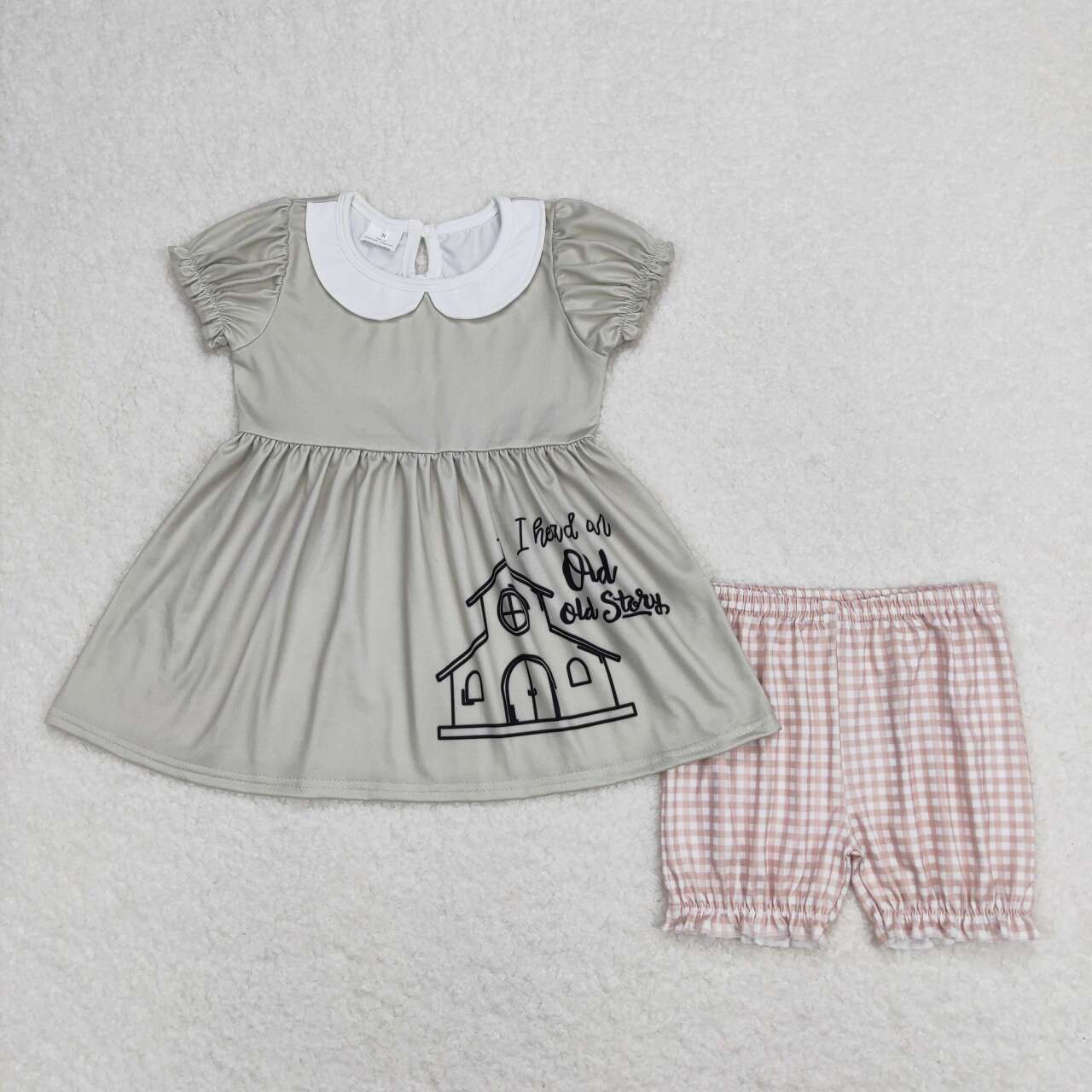 GSSO0858 Old Story Tunic Top Plaid Shorts Girls Summer Clothes Set